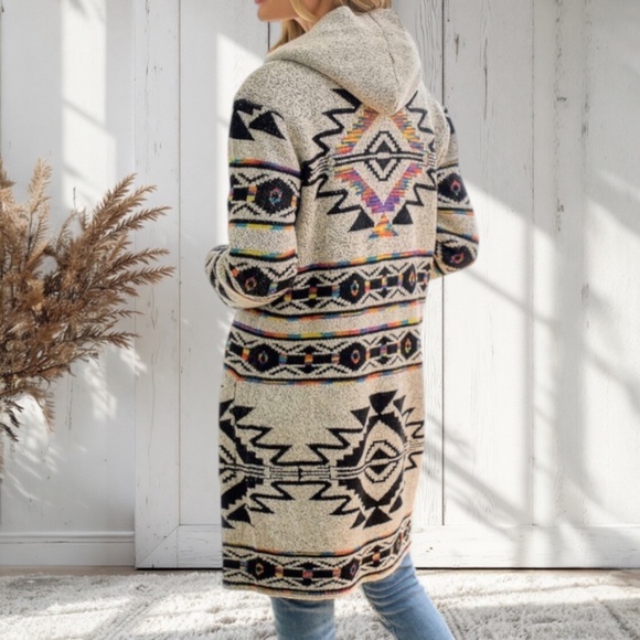 Oatmeal Rainbow Aztec Sherpa Lined Knit Button Hooded Cardigan Sweater - Picture 2 of 4